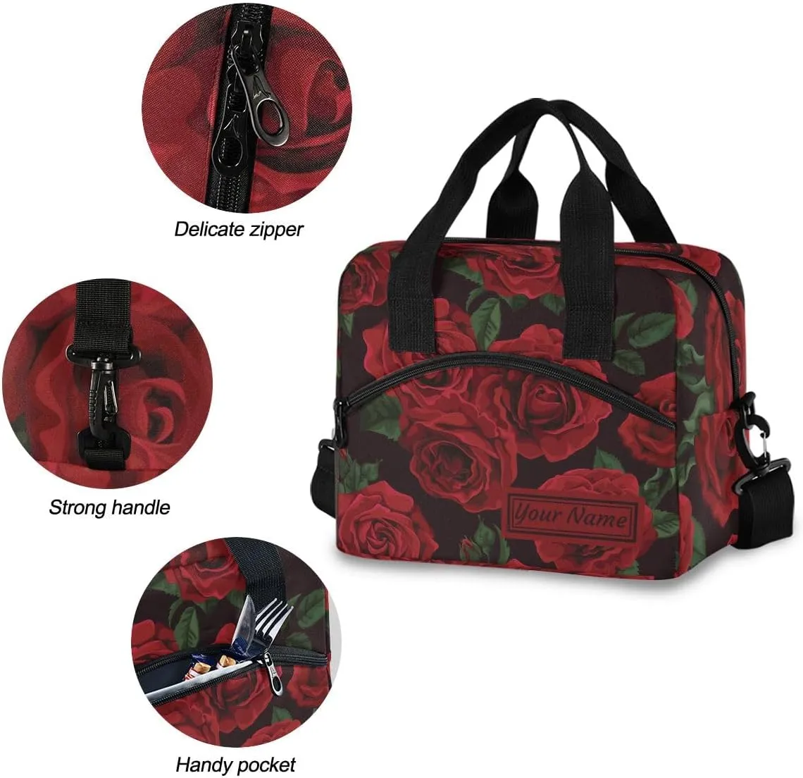 ALAZA Lunch Bag Cooler Tote Bag Insulated large Dazzling Red Rose School Work Portable Adjustable Shoulder Strap