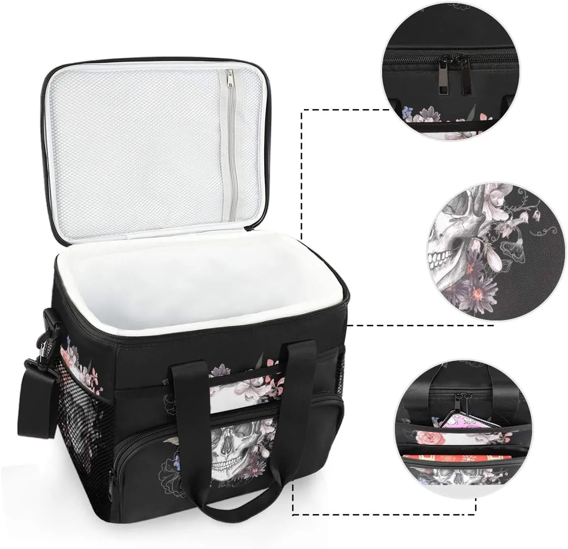 ALAZA Sugar Skull Floral The Day of Dead Large Cooler Insulated Picnic Bag Lunch Box for Adult Men Women