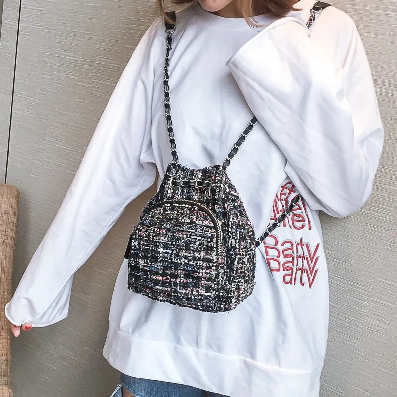 AlphaGal Female Wool Backpack Purse Women Woolen Backpacks Chains Back Pack For Teenage Girls Mini Vintage Kids Small Bagpacks