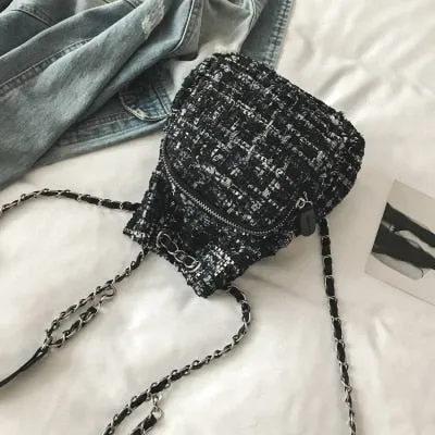AlphaGal Female Wool Backpack Purse Women Woolen Backpacks Chains Back Pack For Teenage Girls Mini Vintage Kids Small Bagpacks