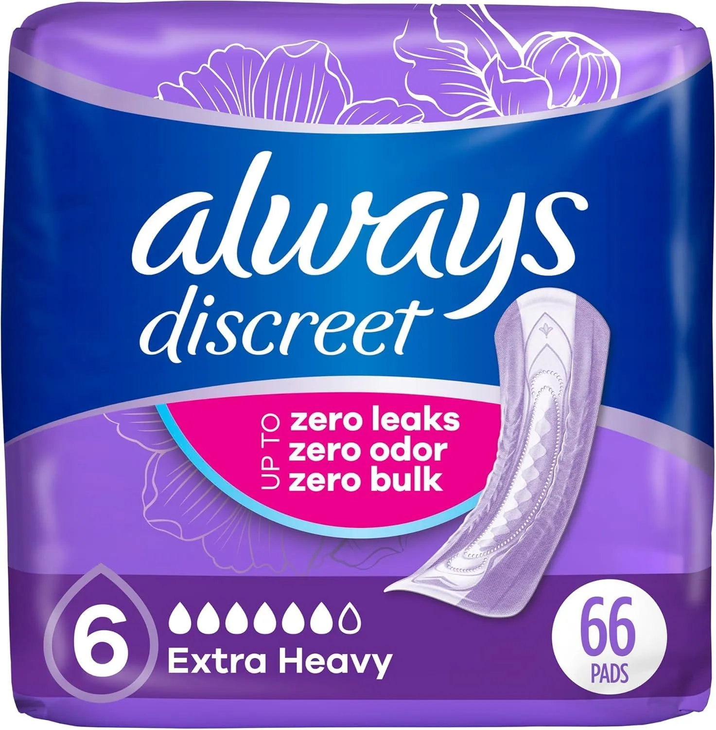 Always Discreet Adult Incontinence Pads for Women, Extra Heavy Absorbency, Regular Length, Postpartum Pads, Up to 100% Bladder Leak Protection, 33 Count x 2 Packs (66 Count Total) (Packaging May Vary)