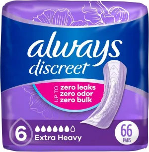 Always Discreet Adult Incontinence Pads for Women, Extra Heavy Absorbency, Regular Length, Postpartum Pads, Up to 100% Bladder Leak Protection, 33 Count x 2 Packs (66 Count Total) (Packaging May Vary)