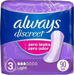 Always Discreet Adult Incontinence Pads for Women, Light Absorbency, Regular Length, Postpartum Pads, 30 Count x 3 Packs (90 Count Total) (Packaging May Vary)