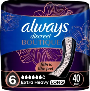 Always Discreet Boutique Incontinence Pads, for Bladder Leaks, Extra Heavy Absorbency, Long Length, 20 Count x 2 Packs (40 Count Total) (Packaging May Vary)