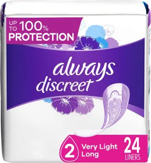 Always Discreet Incontinence Liners, Very Light, Long Length, 24 Count