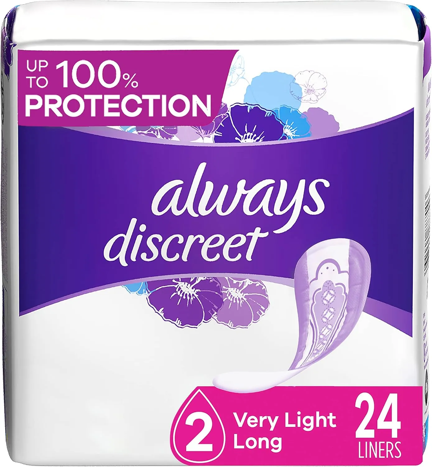 Always Discreet Incontinence Liners, Very Light, Long Length, 24 Count
