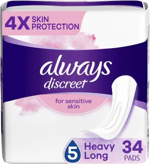 Always Discreet Incontinence Pads for Bladder Leaks Sensitive Skin Pads Heavy Absorbency, 34 Count