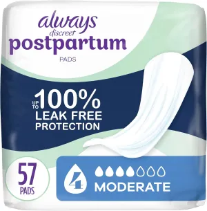 Always Discreet Postpartum Incontinence Pads, Moderate Absorbency, 57 CT