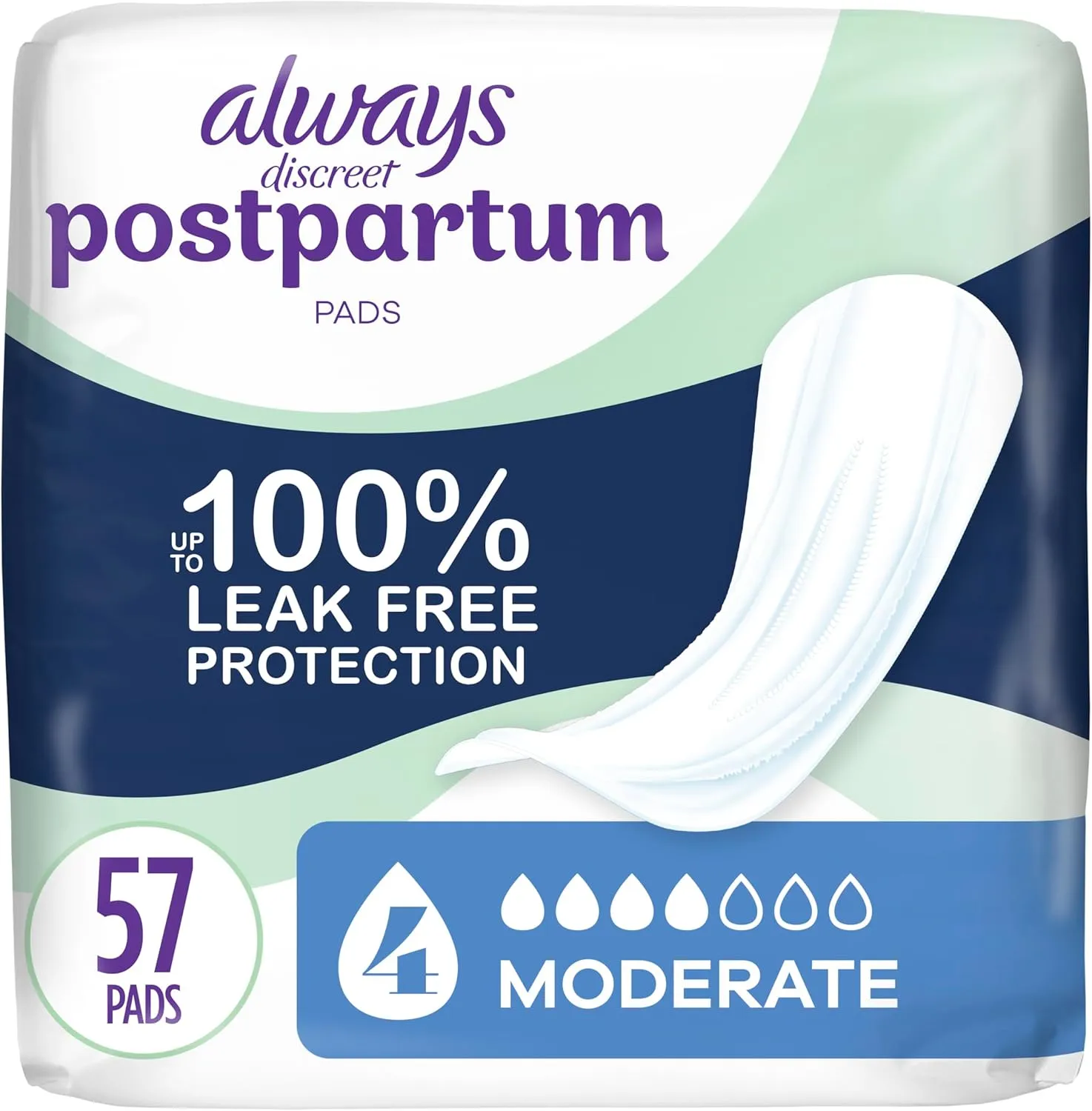 Always Discreet Postpartum Incontinence Pads, Moderate Absorbency, 57 CT