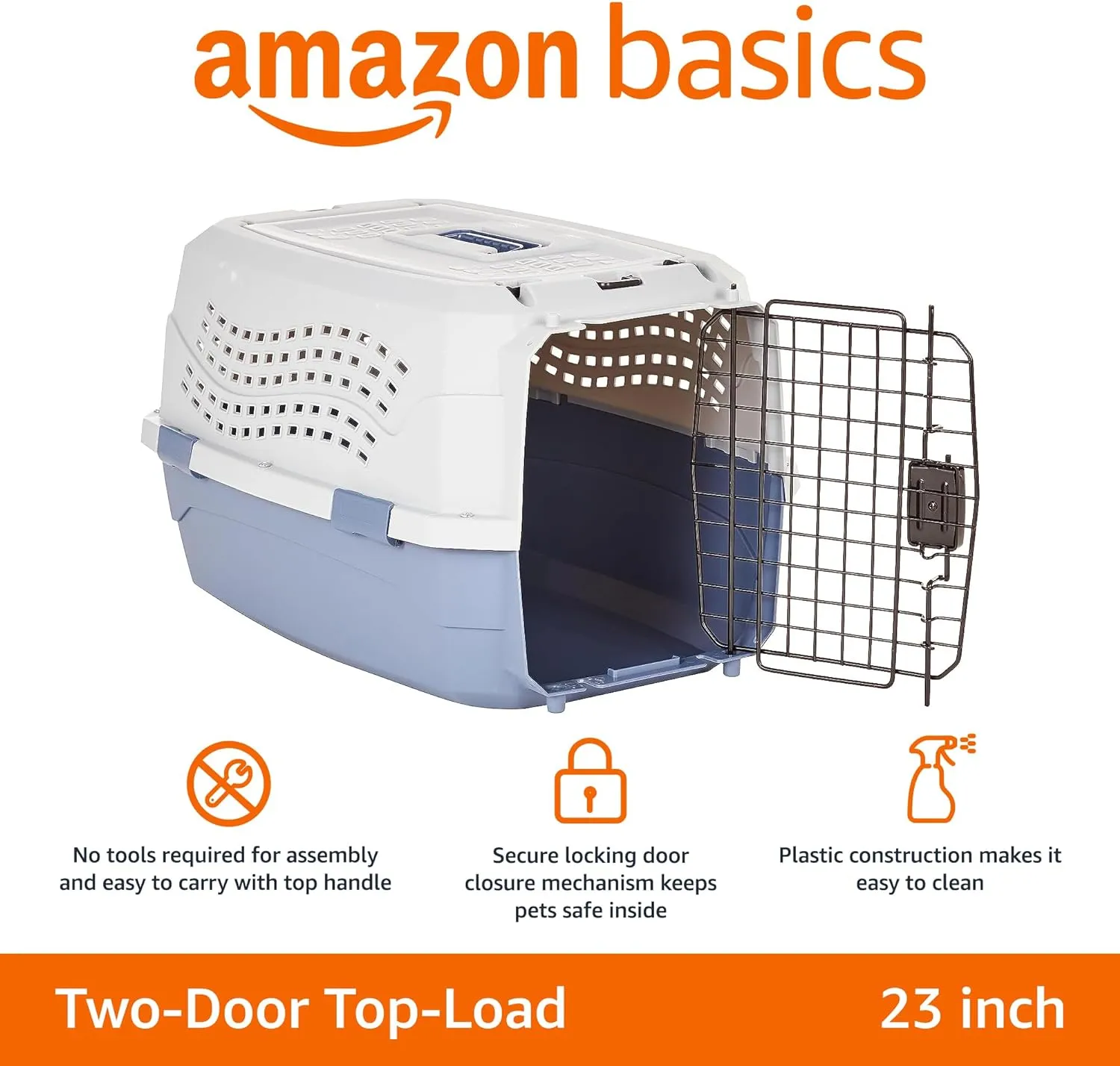 Amazon Basics 2-Door Top-Load Hard-Sided Dogs, Cats Pet Travel Carrier, Gray & Blue, 22.8"L x 15.0"W x 13.0"H