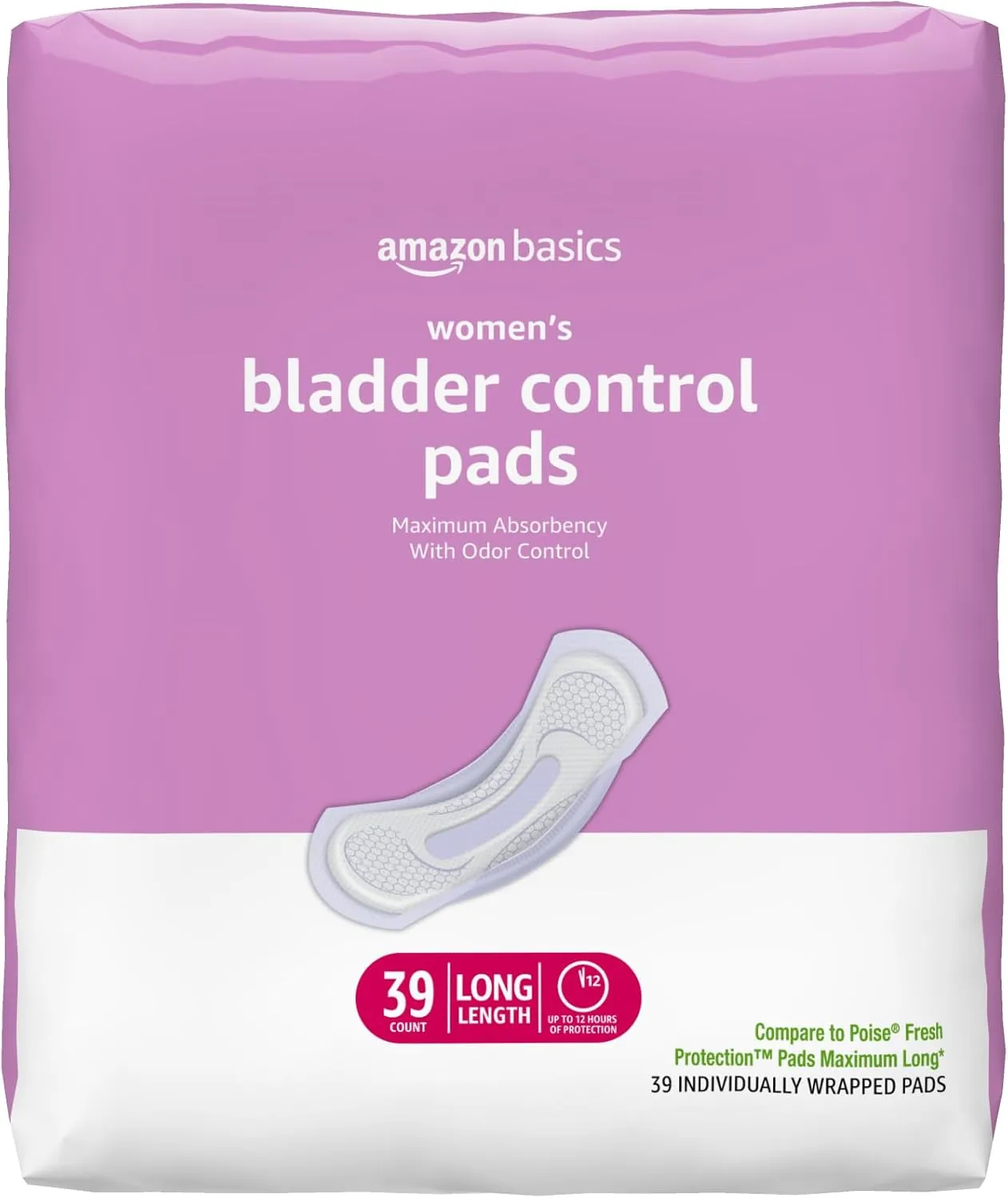Amazon Basics Incontinence Pads for Women Long, Bladder Control, Postpartum, Maximum Absorbency, Unscented, 39 Count