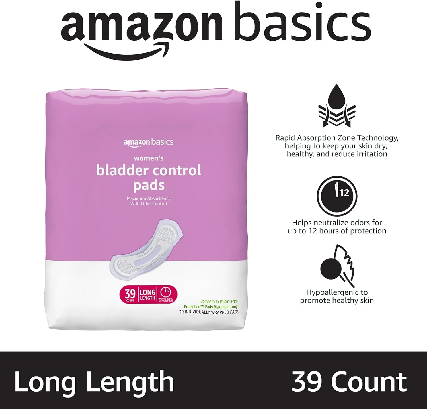 Amazon Basics Incontinence Pads for Women Long, Bladder Control, Postpartum, Maximum Absorbency, Unscented, 39 Count