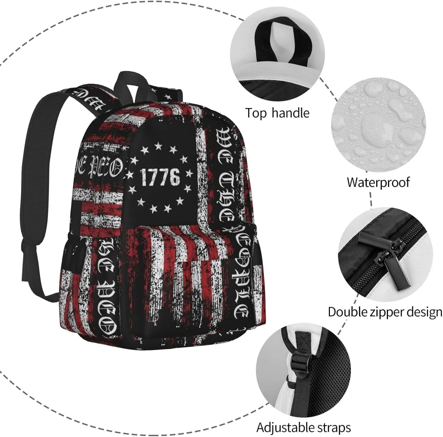 America Independence Day 1776 American Flag We The People Laptop Backpack Shoulder Bag Laptop Pack Travel Backpacks Commuter Back Pack Casual Daypack Bags With Side Pockets