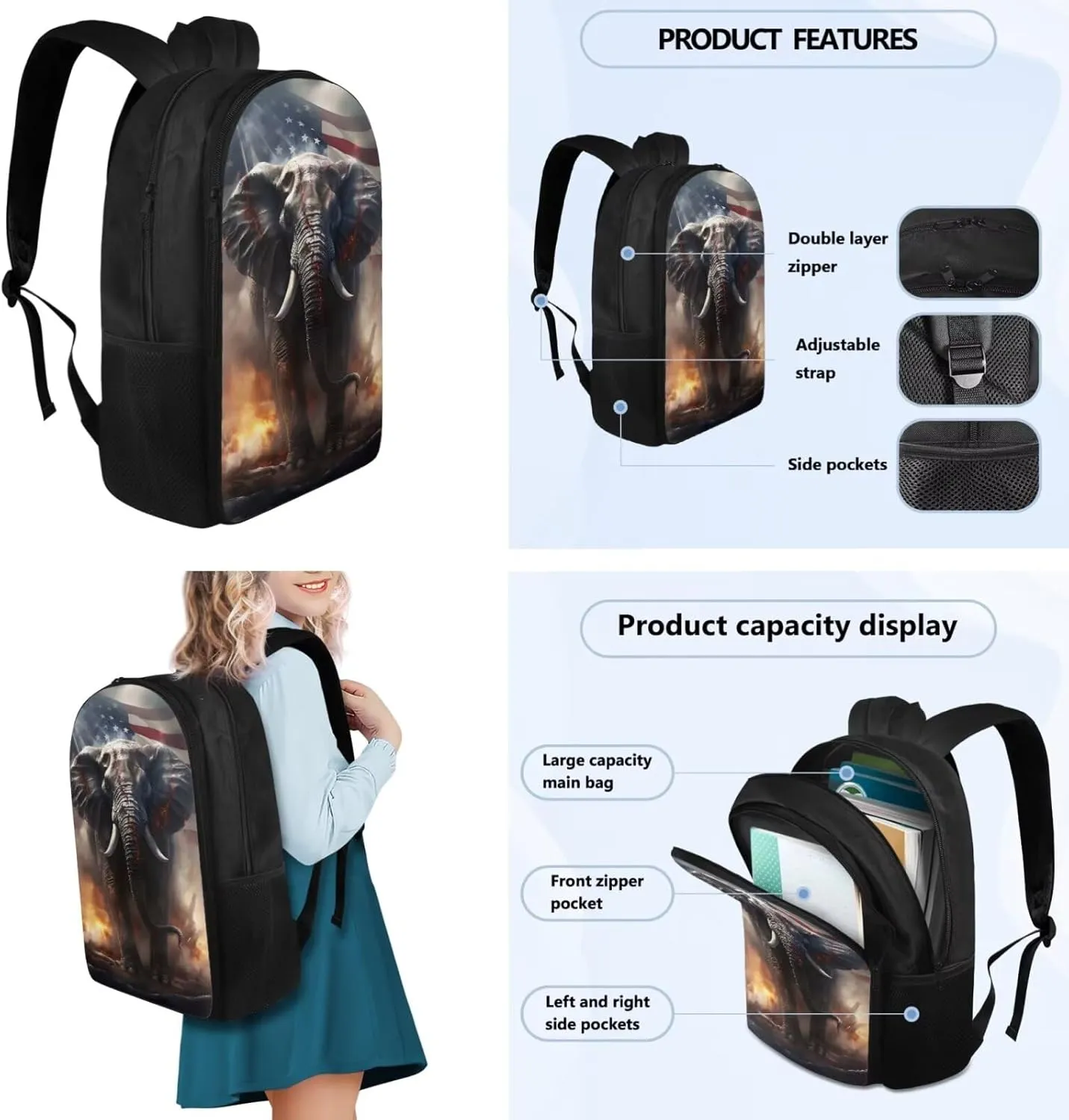 American Flag Elephant Cool Backpacks for Boys School Backpack with Lunch Bag 4 in 1 Book Bags for Boys Elementary School Tote Bag Two Compartments Lightweight Daypack for Hiking