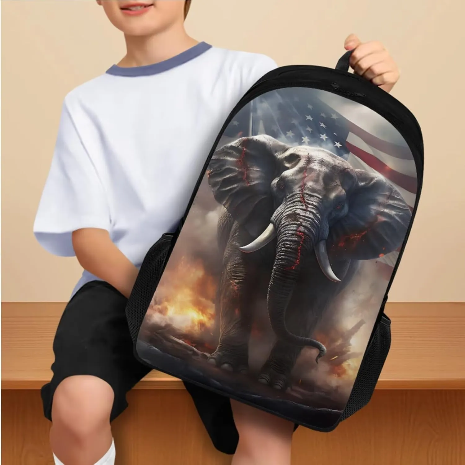 American Flag Elephant Cool Backpacks for Boys School Backpack with Lunch Bag 4 in 1 Book Bags for Boys Elementary School Tote Bag Two Compartments Lightweight Daypack for Hiking