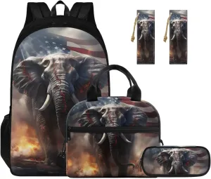 American Flag Elephant Cool Backpacks for Boys School Backpack with Lunch Bag 4 in 1 Book Bags for Boys Elementary School Tote Bag Two Compartments Lightweight Daypack for Hiking