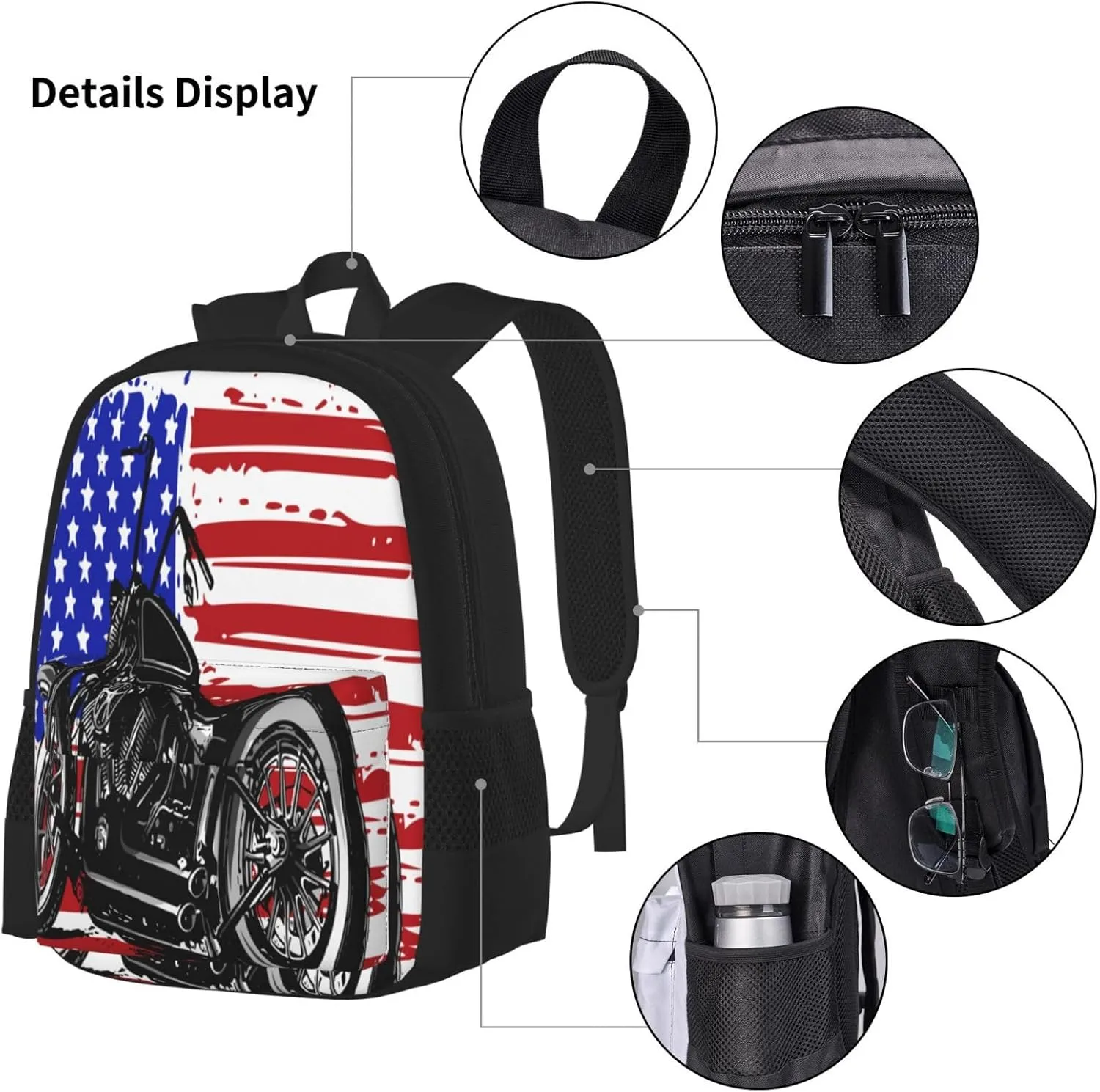 American Flag Motocross Dirt Bike Motorcycle Multifunctional Pocket Backpack Crossbody Lunch Bag Pencil Case 3Pcs Set Large Capacity Backpack