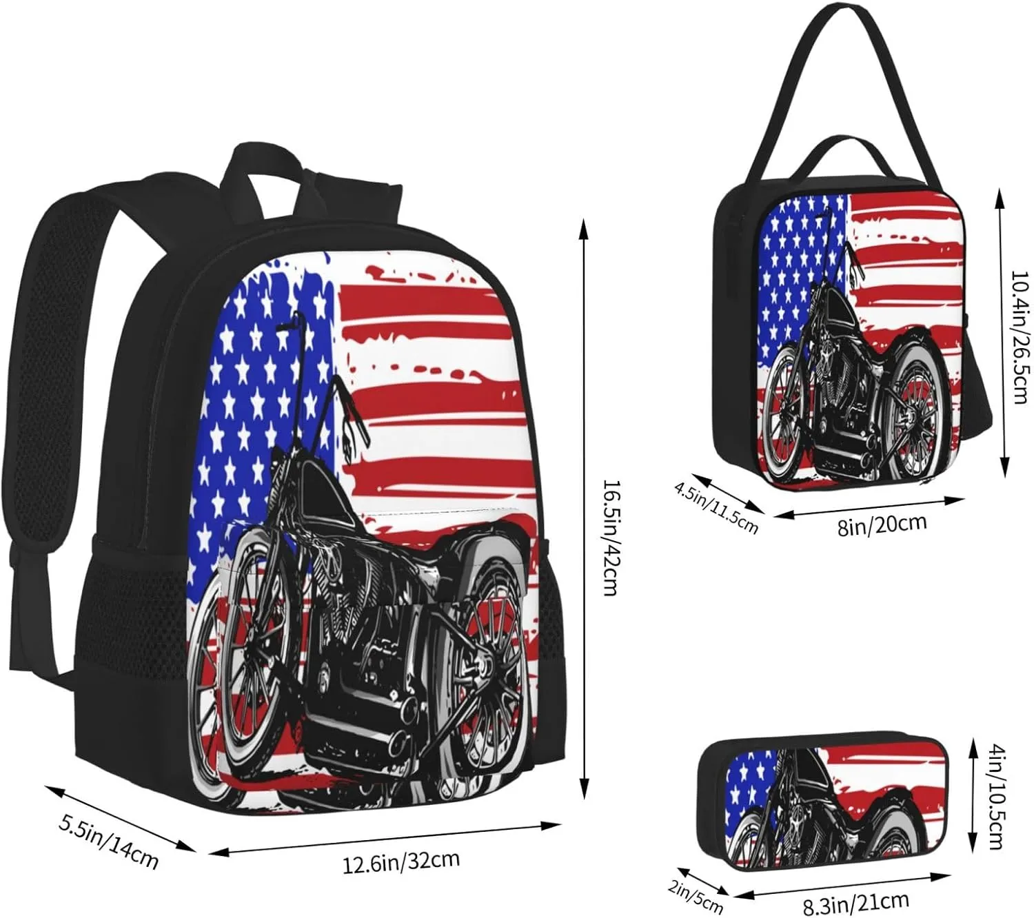 American Flag Motocross Dirt Bike Motorcycle Multifunctional Pocket Backpack Crossbody Lunch Bag Pencil Case 3Pcs Set Large Capacity Backpack