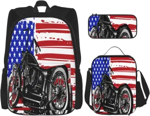 American Flag Motocross Dirt Bike Motorcycle Multifunctional Pocket Backpack Crossbody Lunch Bag Pencil Case 3Pcs Set Large Capacity Backpack