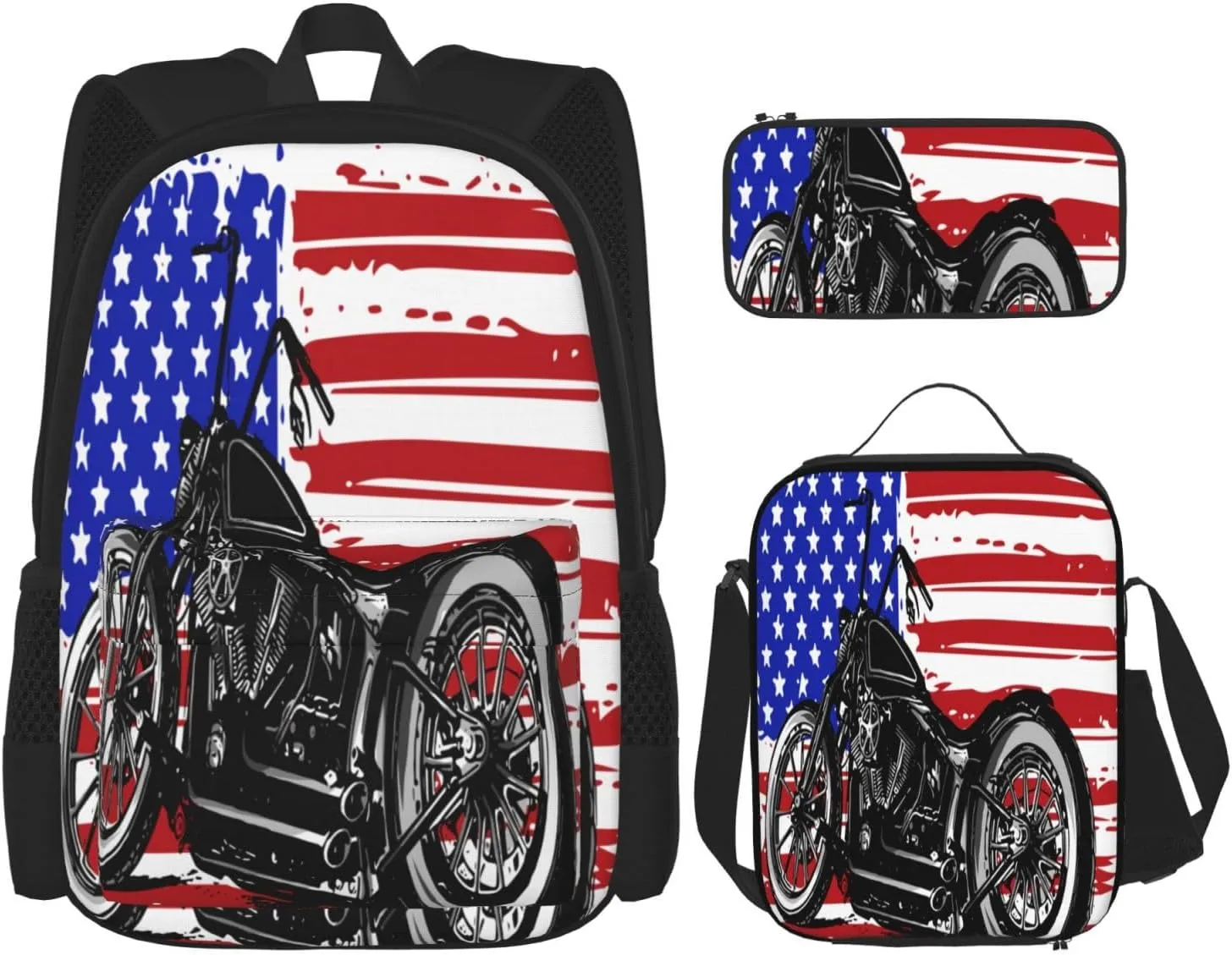 American Flag Motocross Dirt Bike Motorcycle Multifunctional Pocket Backpack Crossbody Lunch Bag Pencil Case 3Pcs Set Large Capacity Backpack