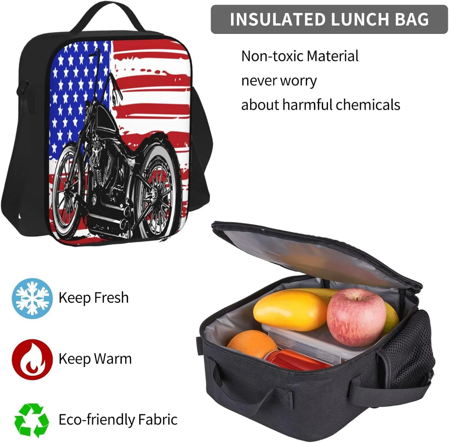 American Flag Motocross Dirt Bike Motorcycle Multifunctional Pocket Backpack Crossbody Lunch Bag Pencil Case 3Pcs Set Large Capacity Backpack