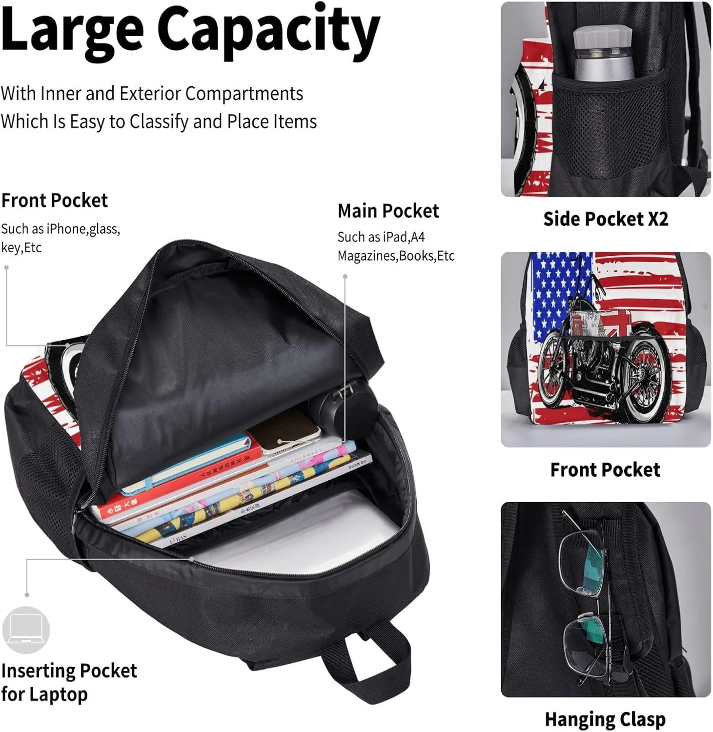 American Flag Motocross Dirt Bike Motorcycle Multifunctional Pocket Backpack Crossbody Lunch Bag Pencil Case 3Pcs Set Large Capacity Backpack