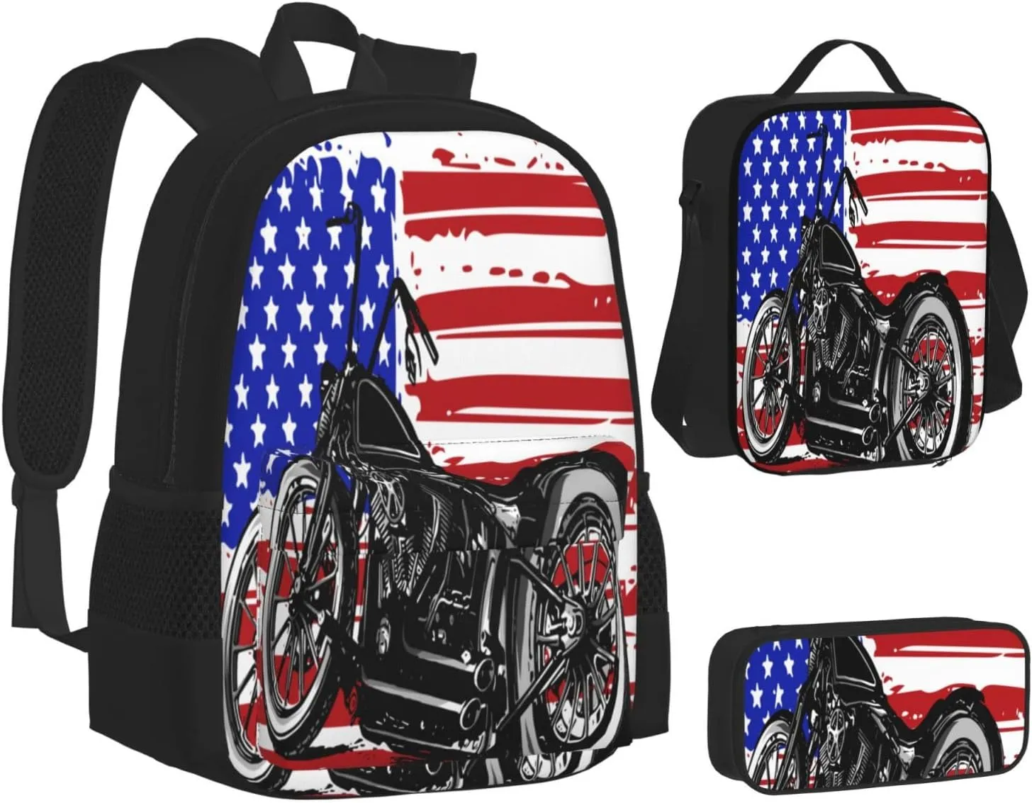 American Flag Motocross Dirt Bike Motorcycle Multifunctional Pocket Backpack Crossbody Lunch Bag Pencil Case 3Pcs Set Large Capacity Backpack