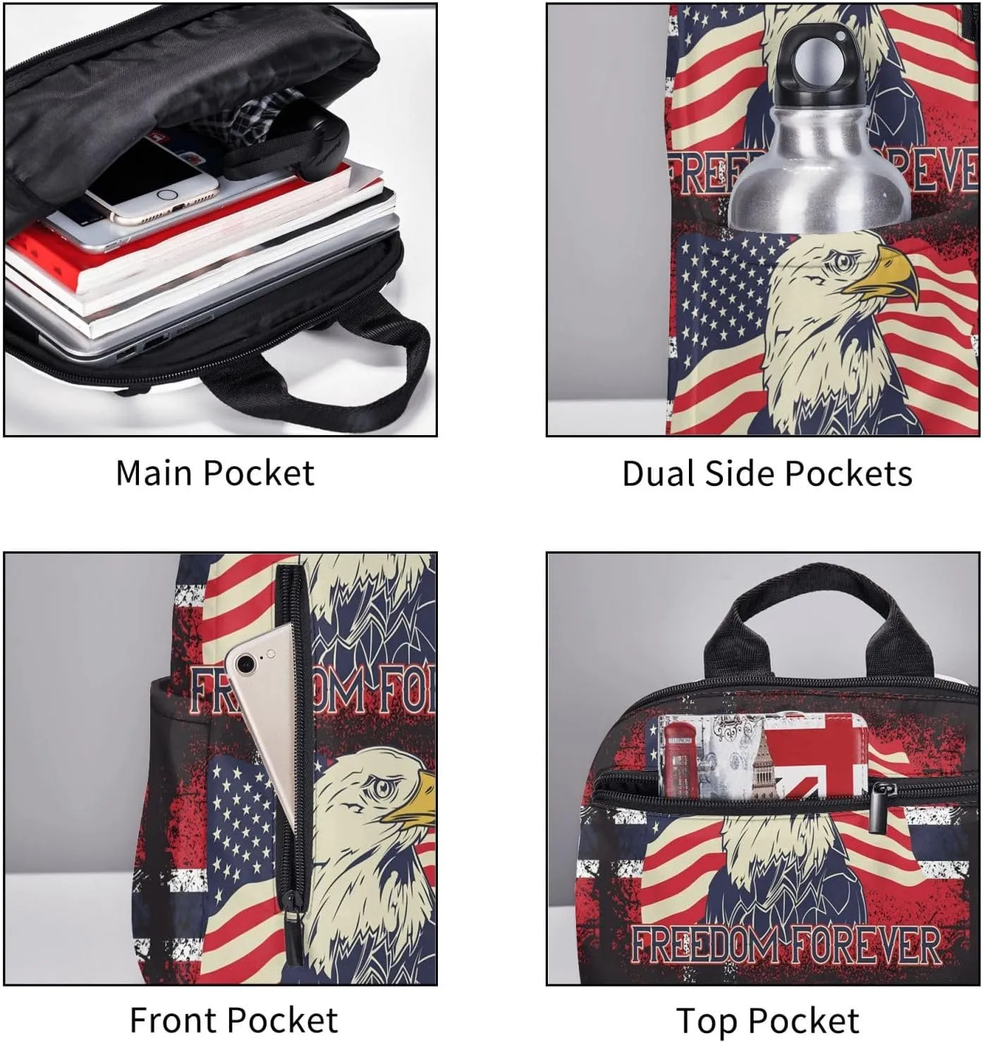 American Independence Day American Flag Eagle Freedom Forever Casual Backpacks Laptop Backpack Outdoor Travel Rucksack Sport Carry-On Daypack Lightweight Bag with Multi-Pockets