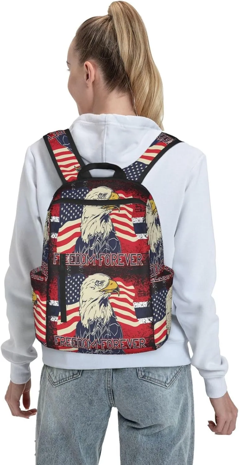 American Independence Day American Flag Eagle Freedom Forever Casual Backpacks Laptop Backpack Outdoor Travel Rucksack Sport Carry-On Daypack Lightweight Bag with Multi-Pockets