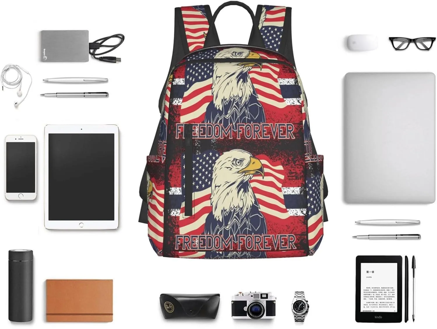 American Independence Day American Flag Eagle Freedom Forever Casual Backpacks Laptop Backpack Outdoor Travel Rucksack Sport Carry-On Daypack Lightweight Bag with Multi-Pockets