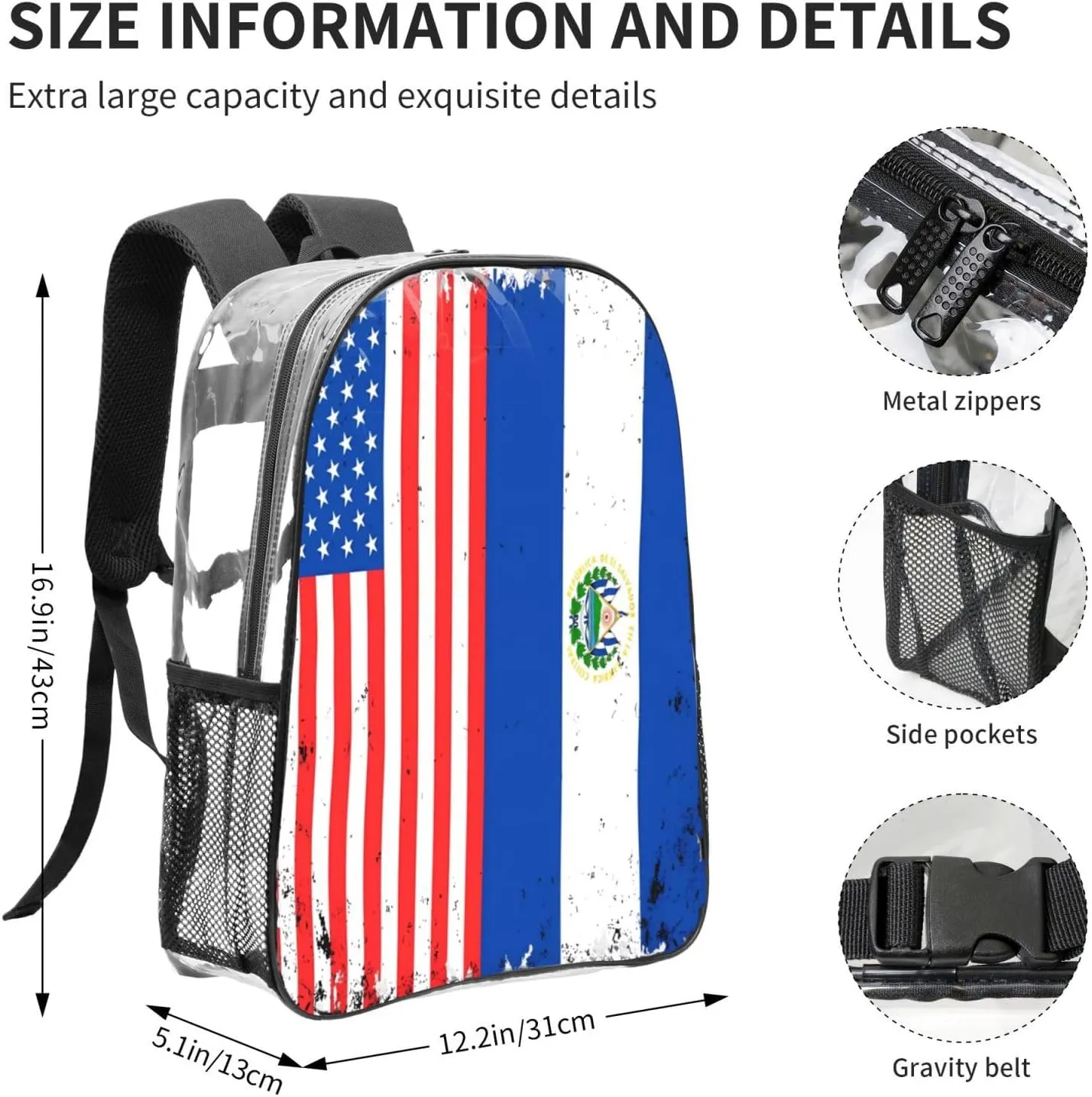 American Salvadorian Flag Salvadoreños Roots 16 Inch Clear PVC Backpacks Transparent Backpack Multipurpose Double Shoulder Bag for Men Women Gifts