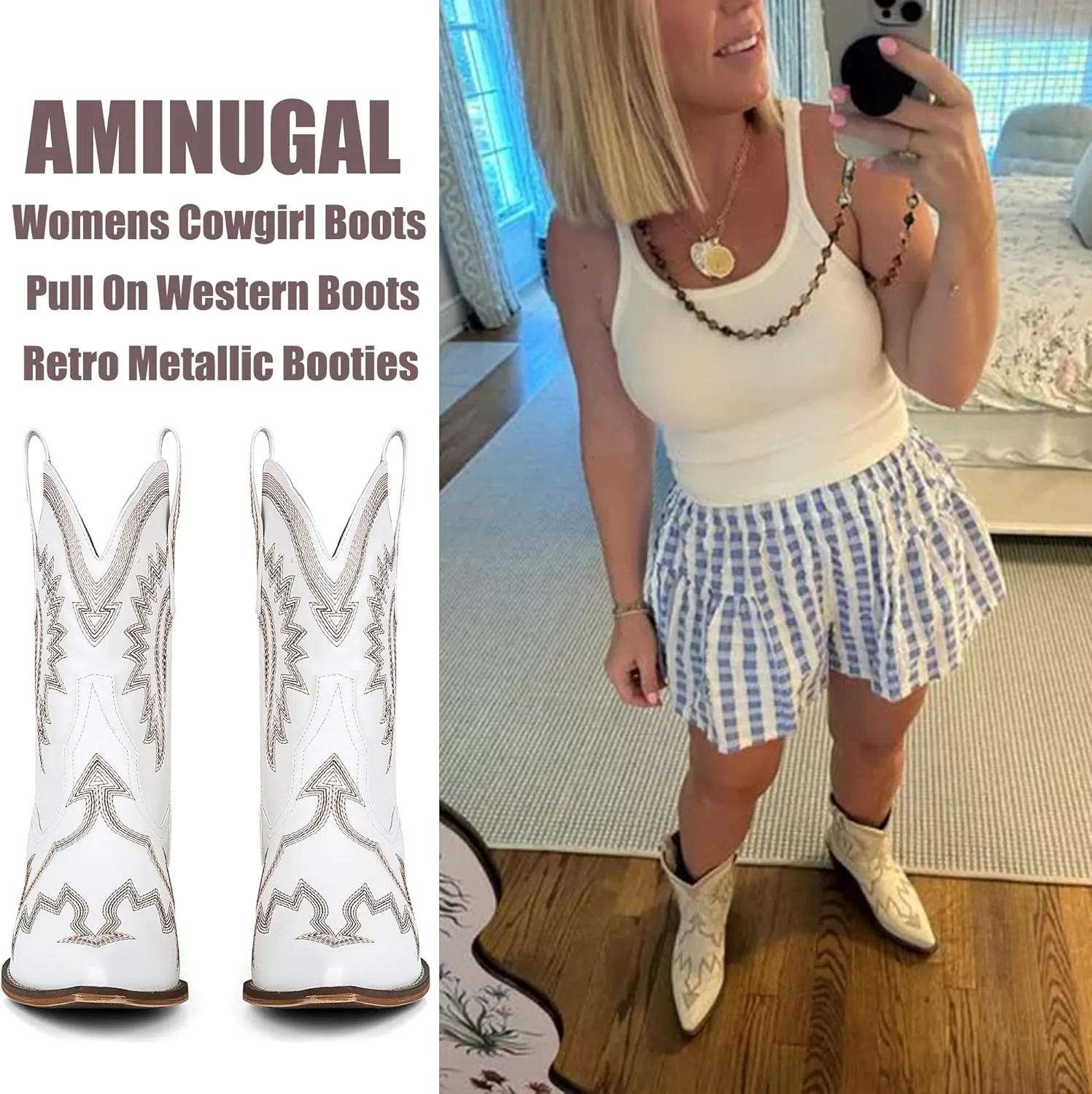 AMINUGAL Cowgirl Boots Chunky Heel Cowboy Boots for Women Pointed Toe Pull On Western Boots Women's Ankle Boots Country Concert Fashion Retro Metallic Booties