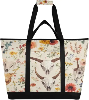 Animal Skulls and Flowers Reusable Insulated Lunchbox Cooler Bag, Leakproof Kitchen Grocery Bag Collapsible Portable Cooler Tote Bag for Picnic, Camping, Office, Travel