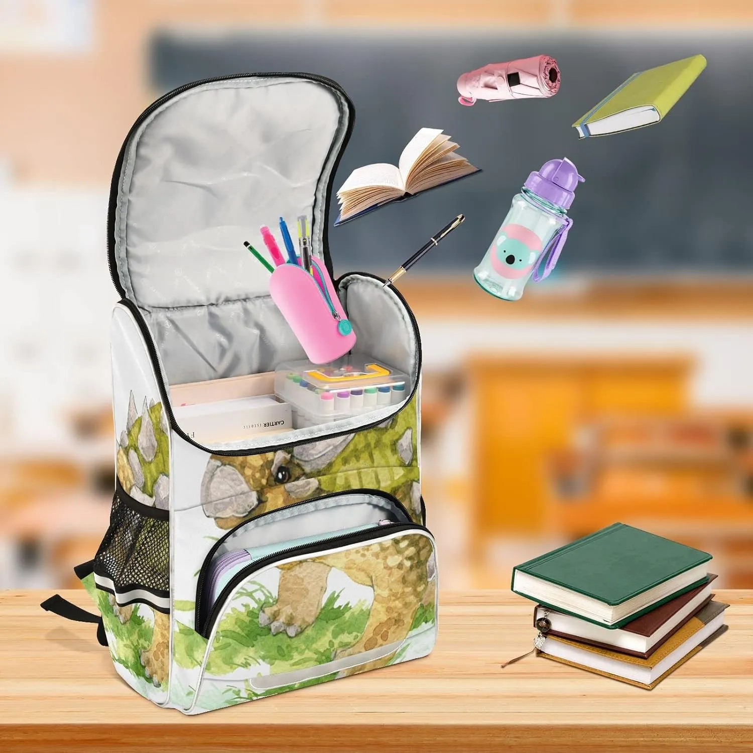 Ankylosaurus Dinosaur School Backpack for Teens Student,Reflective Stripes Laptop Backpacks 16 Inch, Green Watercolor Dino Lightweight Bookbag Casual Daypack Travel Bag