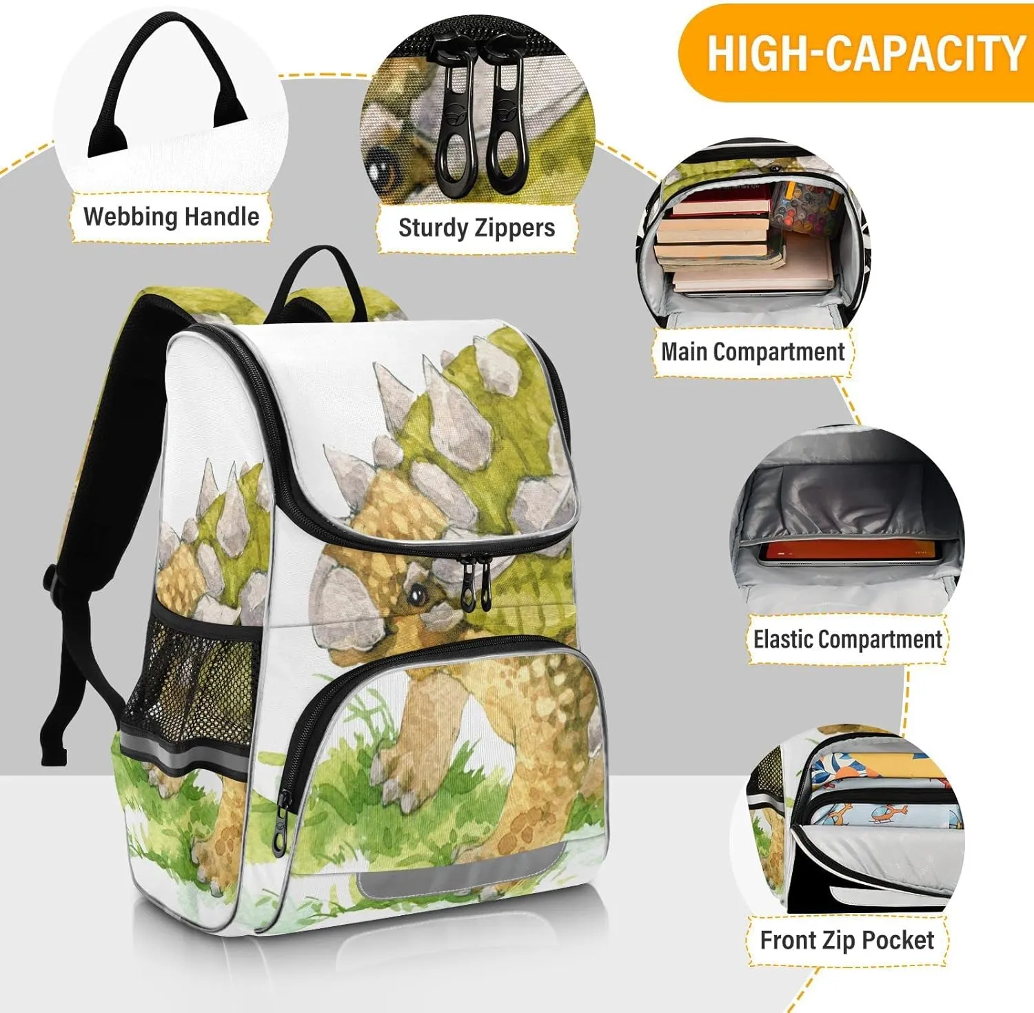 Ankylosaurus Dinosaur School Backpack for Teens Student,Reflective Stripes Laptop Backpacks 16 Inch, Green Watercolor Dino Lightweight Bookbag Casual Daypack Travel Bag
