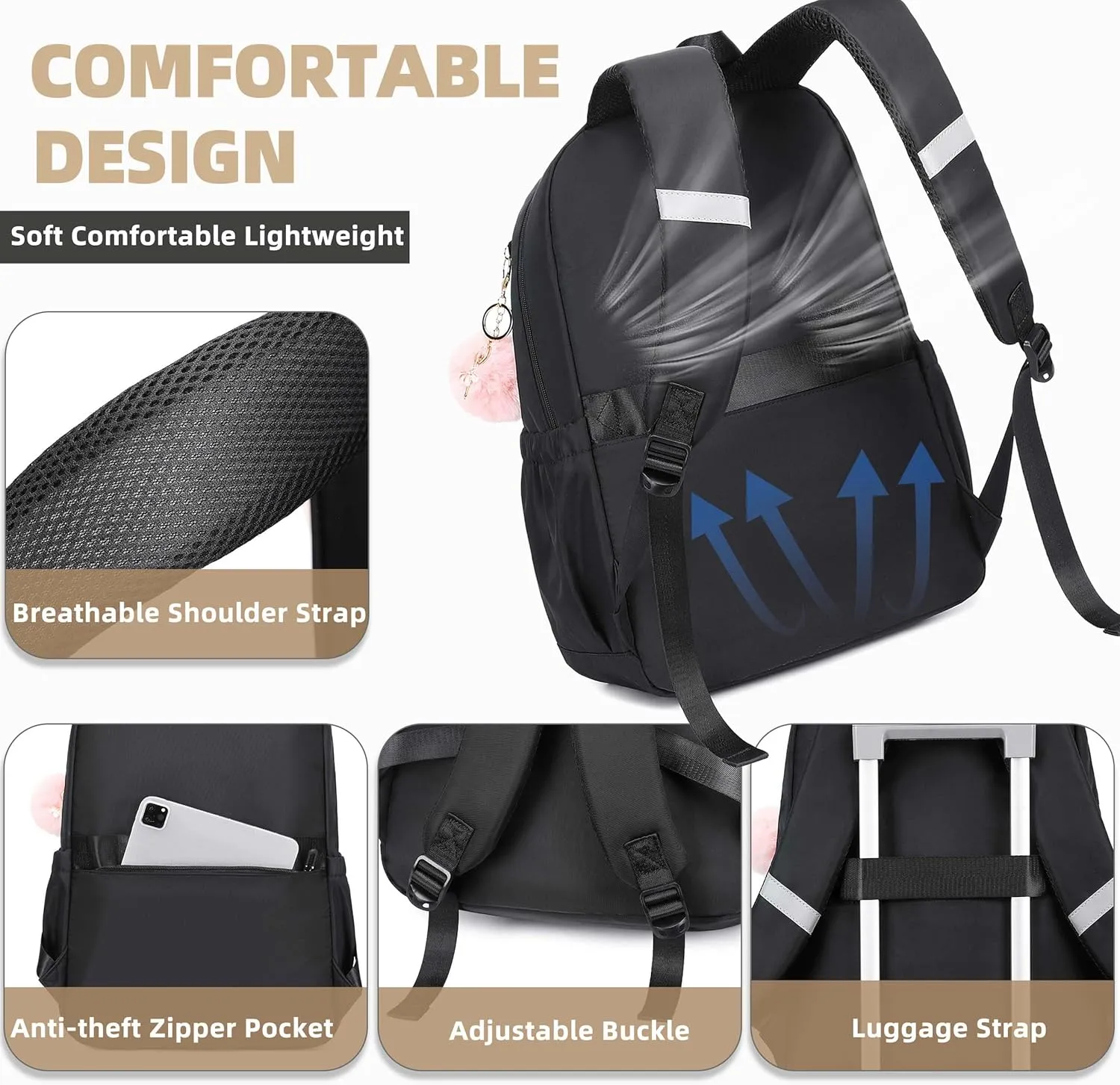 AO ALI VICTORY School Backpack for Girls Women 15.6 Inch Laptop Backpacks College Bookbag Cute Kids Elementary Middle High School Bag with Lunch Box Set for Teens Students Travel Daypack, Black Set
