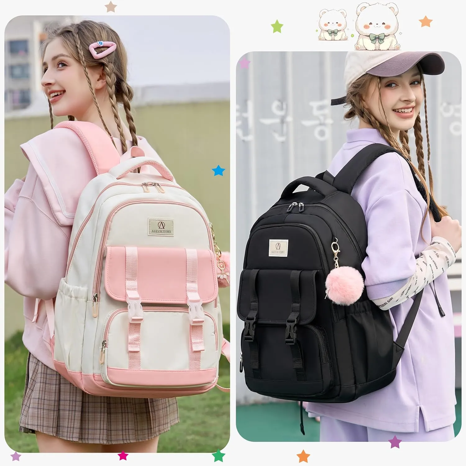AO ALI VICTORY School Backpack for Girls Women 15.6 Inch Laptop Backpacks College Bookbag Cute Kids Elementary Middle High School Bag with Lunch Box Set for Teens Students Travel Daypack, Black Set