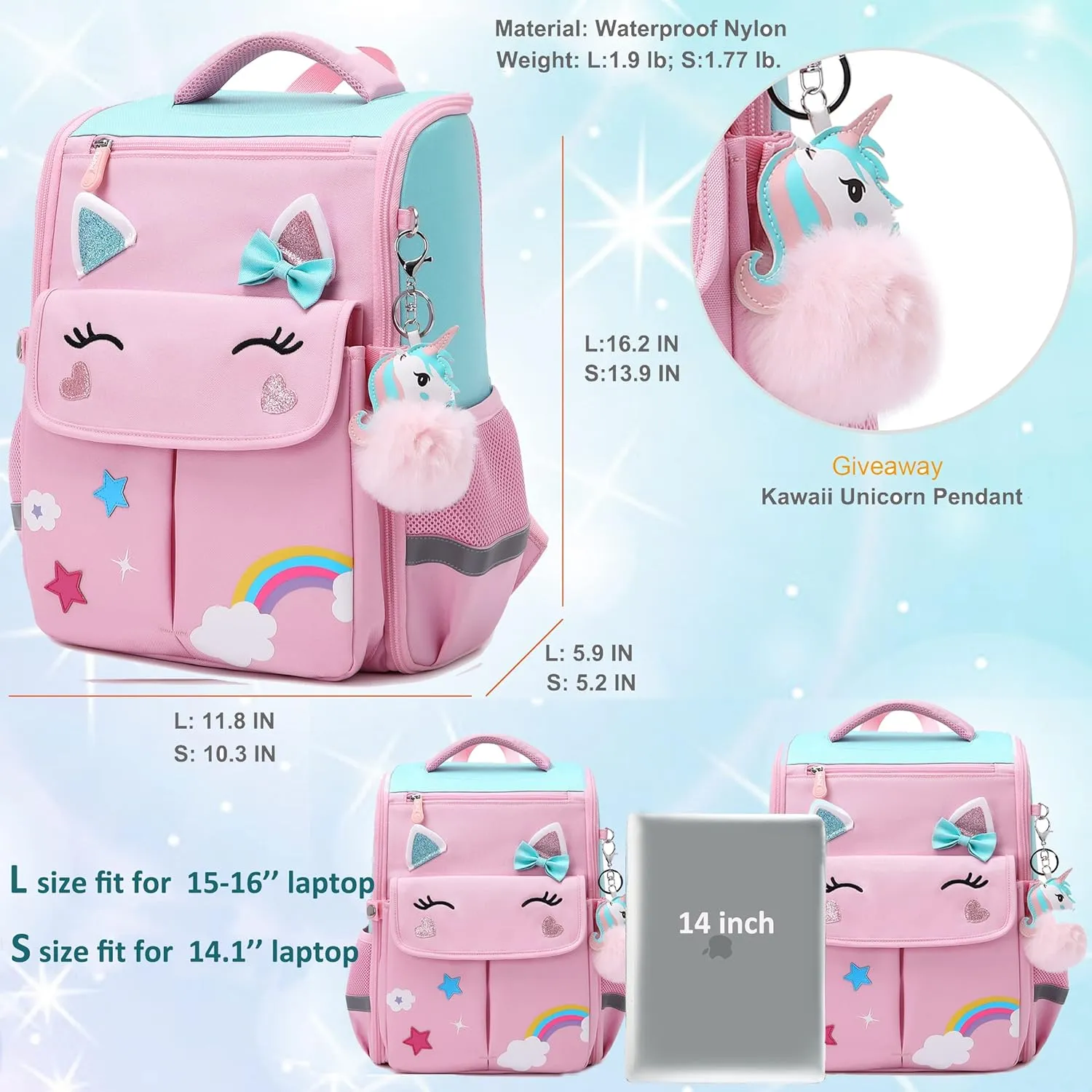 AO ALI VICTORY Unicorn Girls Backpacks for School Princess Bowknot Kids Bookbags Boys Dinosaur Backpack
