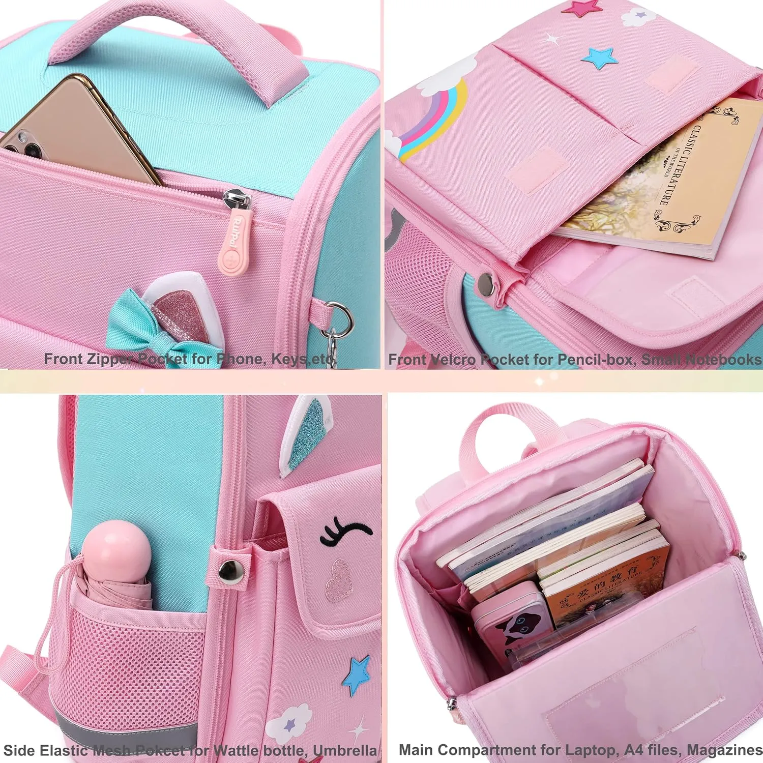 AO ALI VICTORY Unicorn Girls Backpacks for School Princess Bowknot Kids Bookbags Boys Dinosaur Backpack