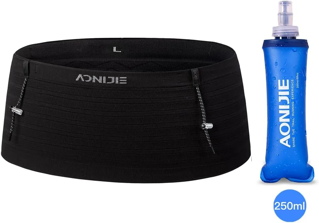 AONIJIE Running Belt with 250ml Soft Flask for Women and Men Lightweight & Non-slip Black Fanny Pack Fits All Size Phones Passport and More (Black with 250ml Soft Flask, S)