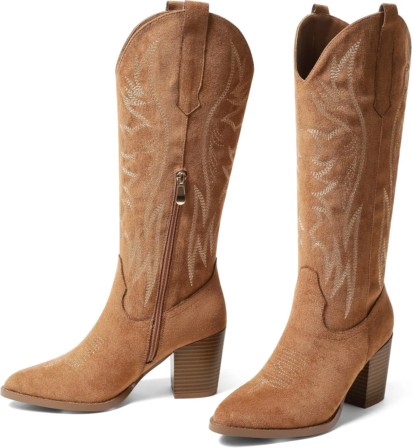 AOSPHIRAYLIAN Womens Knee High Boots for Women Pointed Toe Cowboy Cowgirl Boots with Embroidery Pull On Chunky Block High Heel Western Boots