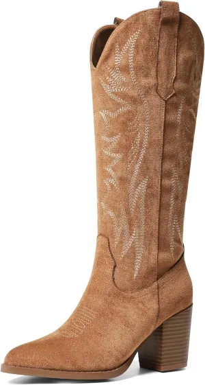 AOSPHIRAYLIAN Womens Knee High Boots for Women Pointed Toe Cowboy Cowgirl Boots with Embroidery Pull On Chunky Block High Heel Western Boots