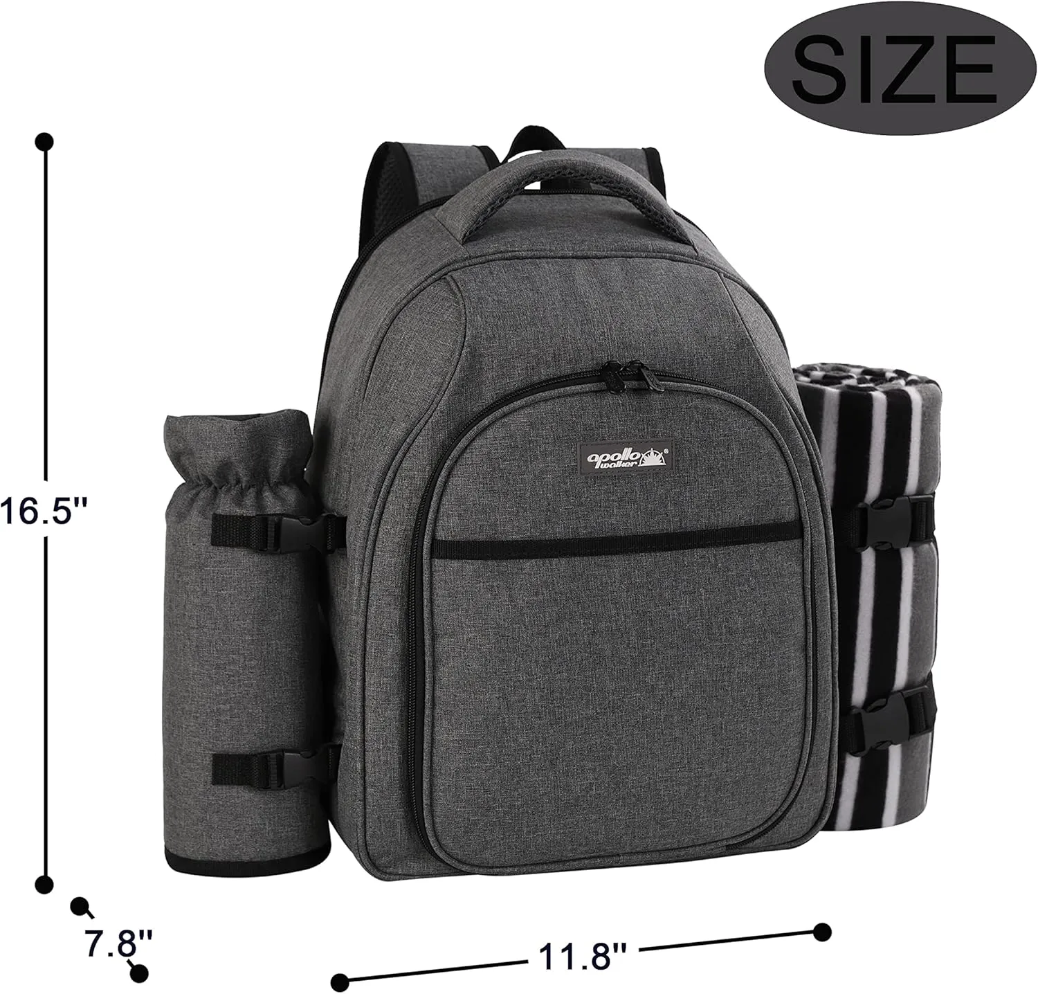 apollo walker Picnic Backpack Bag for 2 Person with Cooler Compartment, Detachable Bottle/Wine Holder, Fleece Blanket, Plates and Cutlery Set (2Person,Grey)