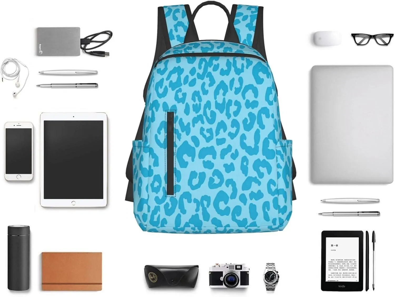 Aqua Cheetah Blue Aesthetic Casual Backpacks Large Capacity Laptop Backpack Sports Rucksack Travel Daypack Adjustable Shoulder Strap Work Bag for Outdoor Camping