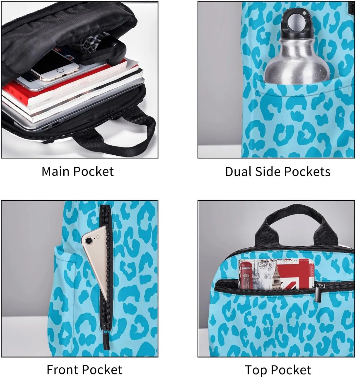 Aqua Cheetah Blue Aesthetic Casual Backpacks Large Capacity Laptop Backpack Sports Rucksack Travel Daypack Adjustable Shoulder Strap Work Bag for Outdoor Camping
