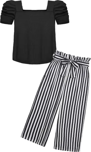 Arshiner Girls 2 Pieces Outfits Kids Square Neck Puff Sleeve Tops and Pants Set with Pockets 6-14 Years