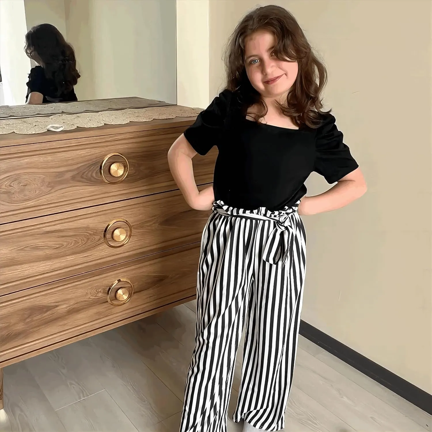 Arshiner Girls 2 Pieces Outfits Kids Square Neck Puff Sleeve Tops and Pants Set with Pockets 6-14 Years
