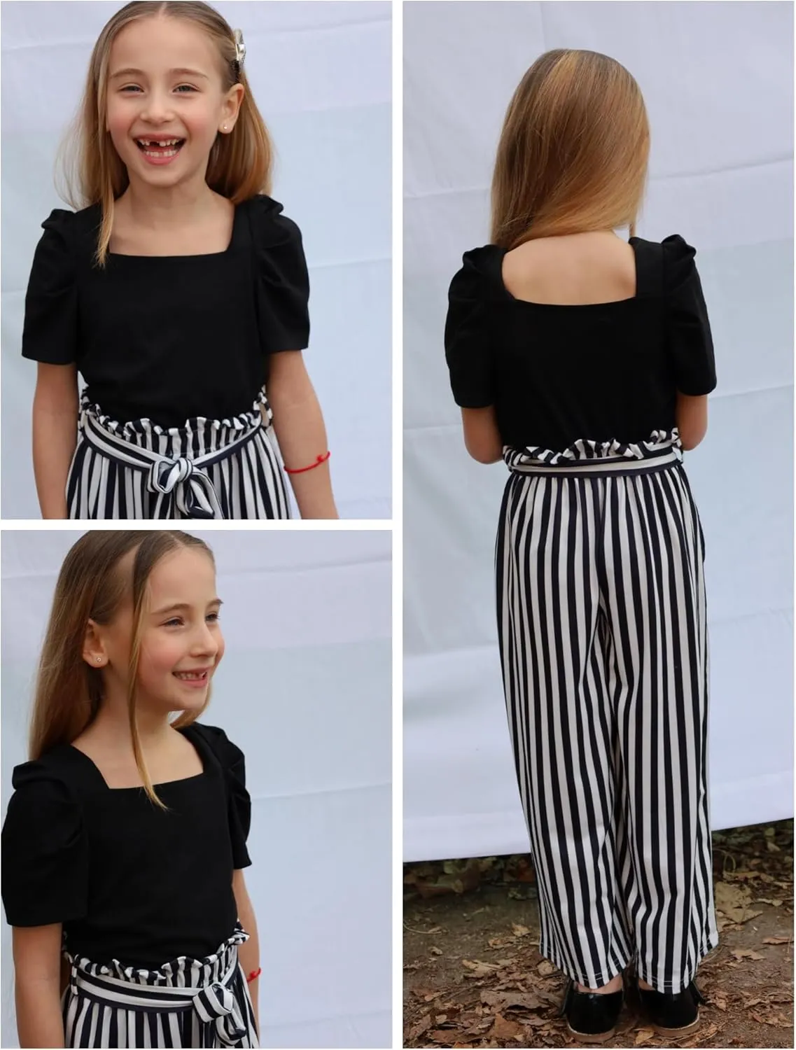 Arshiner Girls 2 Pieces Outfits Kids Square Neck Puff Sleeve Tops and Pants Set with Pockets 6-14 Years