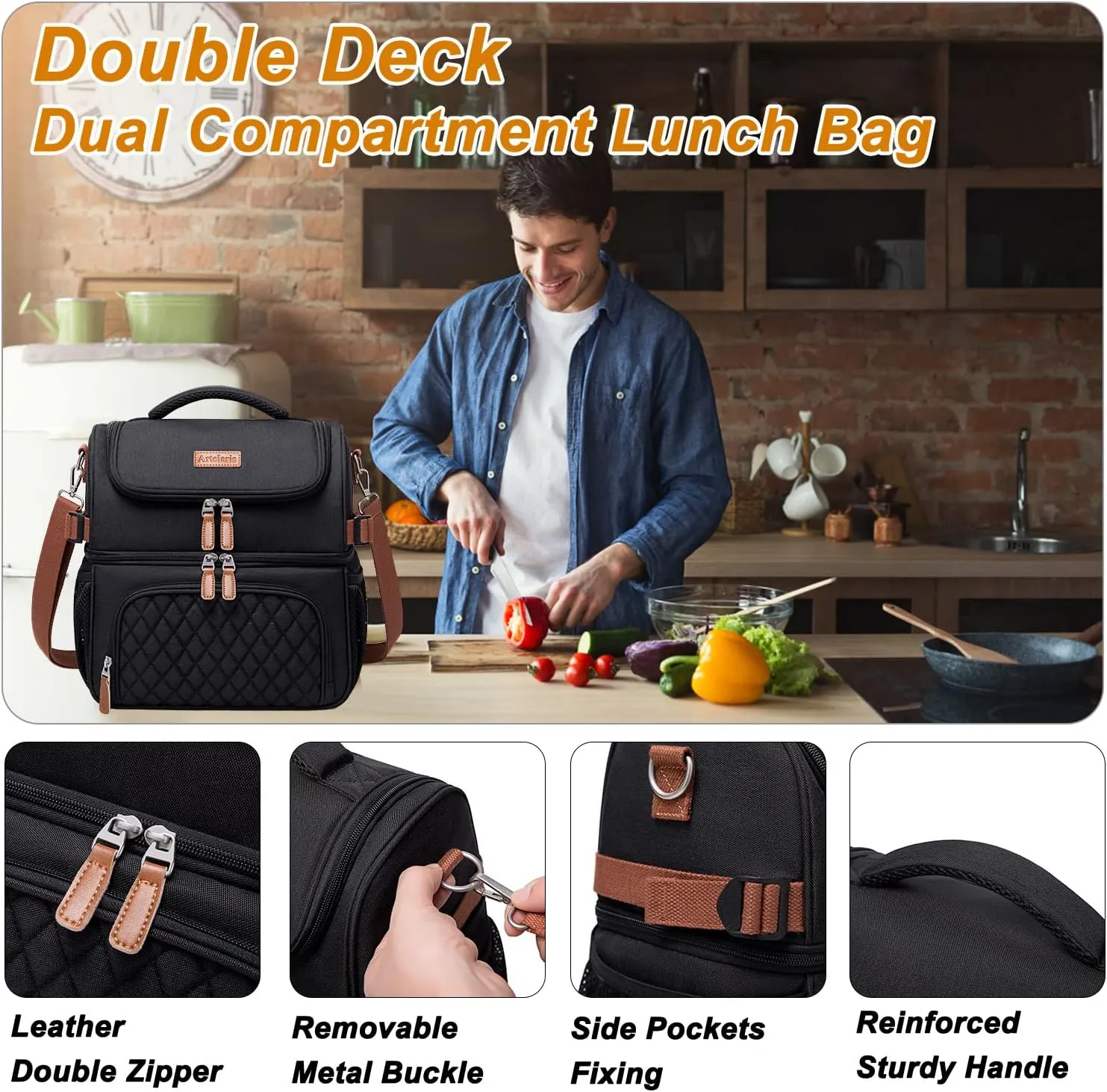 Artelaris Lunch Bag for Women, Large Double Deck Lunch Box Tote for Work, Dual Compartment Insulated Leakproof Lunchbox Cooler for Adult