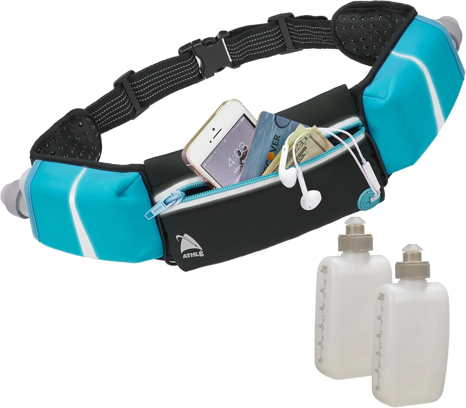 Athlé Running Belt - 2 10oz Water Bottles, Large Fanny Pack Pocket Fits All Phones and Wallet, Bib Fasteners, Adjustable One Size Fits All Waist Band, Key Clip, 360° Reflective